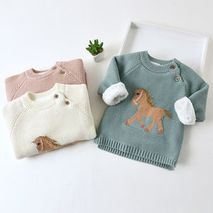 Unisex Fleece Cartoon Horse Knitted Sweater